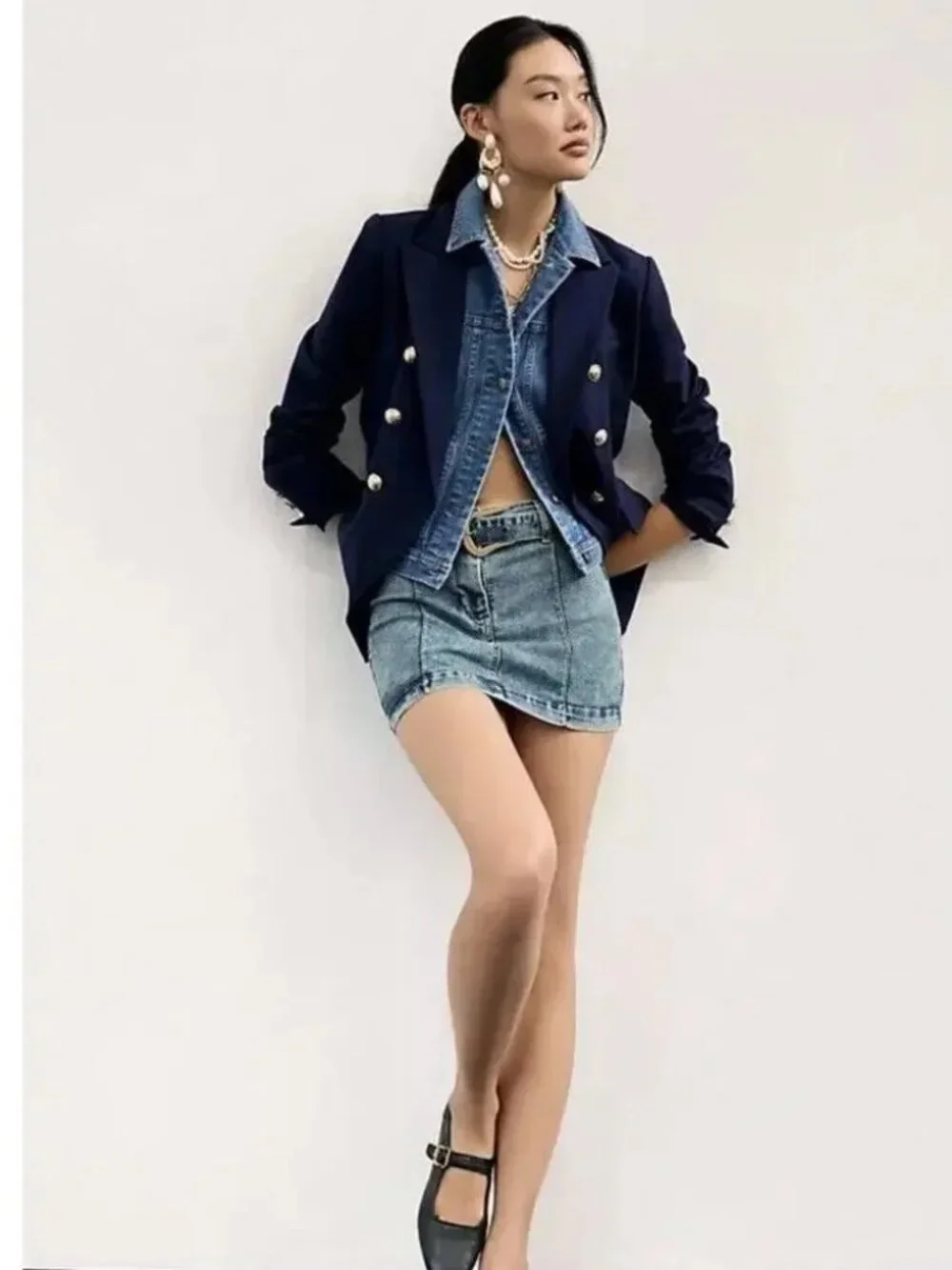 Dolan Navy (Item- 302) Double Breasted Miller Removable Denim Dickey Blazer XS